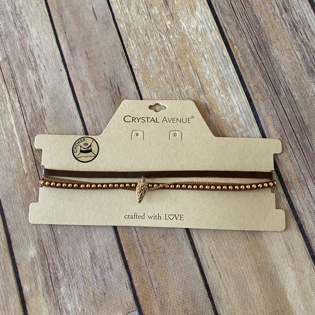 New Womens Crystal Avenue Set Of Two Brown Leather Choker Necklace Arrow Charm 6$
